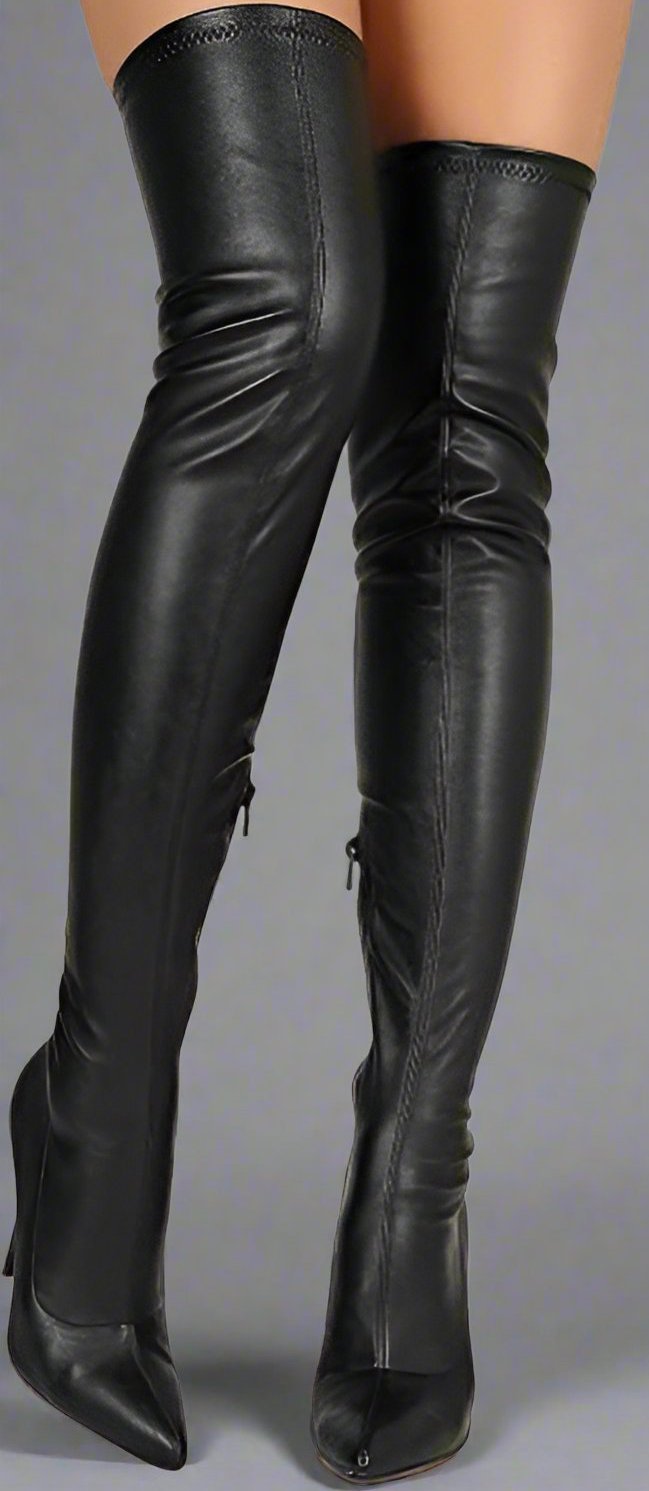 Leather Pointy Toe Thigh High Single Sole Stiletto Boot