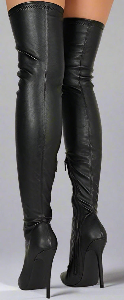 Leather Pointy Toe Thigh High Single Sole Stiletto Boot