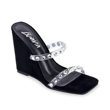 Women Studded Clear Strap Slip on High Wedge Sandals Hunza-1