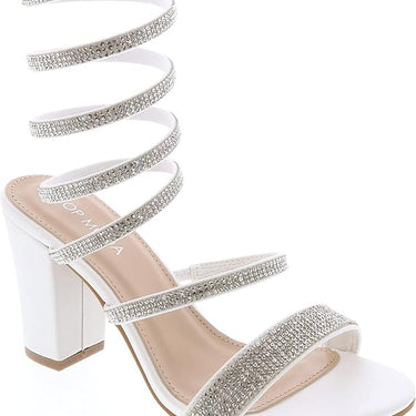 White Rhinestone Sprial Block Heel Sandals Hannah-5