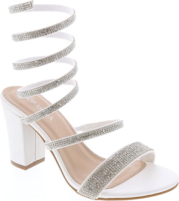 White Rhinestone Sprial Block Heel Sandals Hannah-5