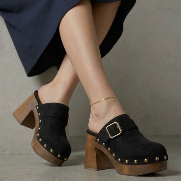 Women's Platform Clog Mules Chunky Block Heel Buckle Studded Slip On Shoes
