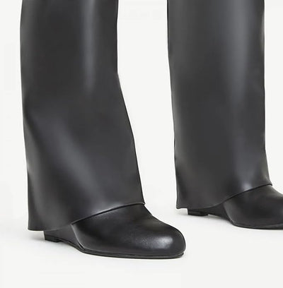 Padlock Detail Wedge Heel Knee High Long Boot Leather