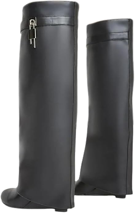 Padlock Detail Wedge Heel Knee High Long Boot Leather