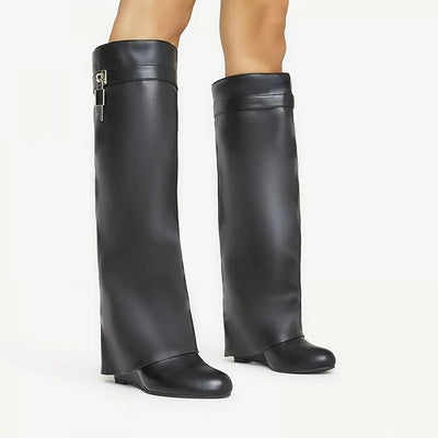 Padlock Detail Wedge Heel Knee High Long Boot Leather