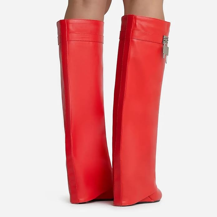 Padlock Detail Wedge Heel Knee High Long Boot Leather