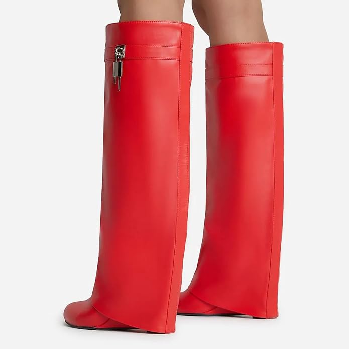 Padlock Detail Wedge Heel Knee High Long Boot Leather