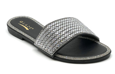 Shiny Rhinestone Flat Sandals Glaze Honey-62A | Shoe Time