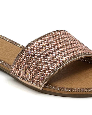 Shiny Rhinestone Flat Sandals Glaze Honey-62A | Shoe Time