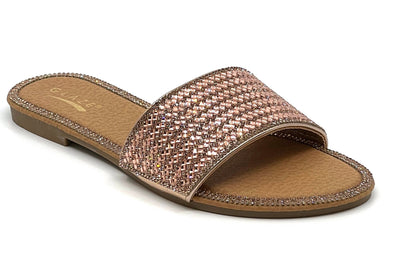 Shiny Rhinestone Flat Sandals Glaze Honey-62A | Shoe Time