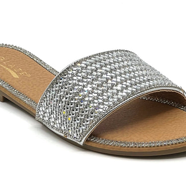 Shiny Rhinestone Flat Sandals Glaze Honey-62A | Shoe Time