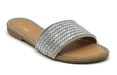 Shiny Rhinestone Flat Sandals Glaze Honey-62A | Shoe Time