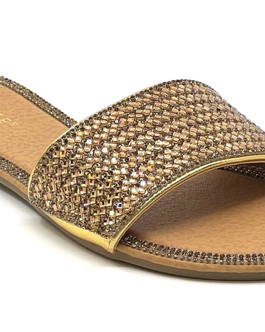 Shiny Rhinestone Flat Sandals Glaze Honey-62A | Shoe Time