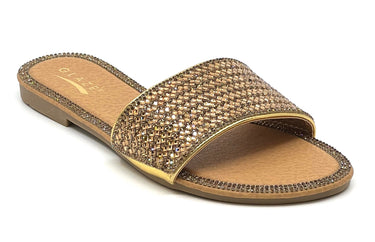 Shiny Rhinestone Flat Sandals Glaze Honey-62A | Shoe Time