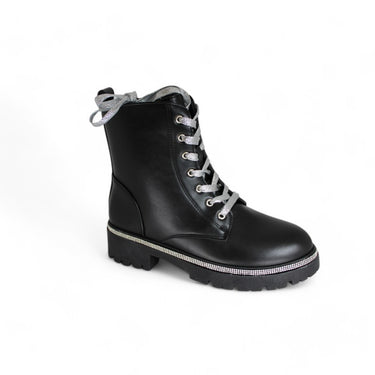 Women's Punk Black Lace Up Rhinestone Ankle Boots, Winter For Christmas and New Year Holiday