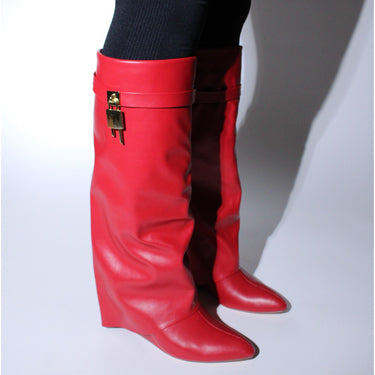 Liliana Mutto-1 Padlock Detail Wedge Knee High Boots