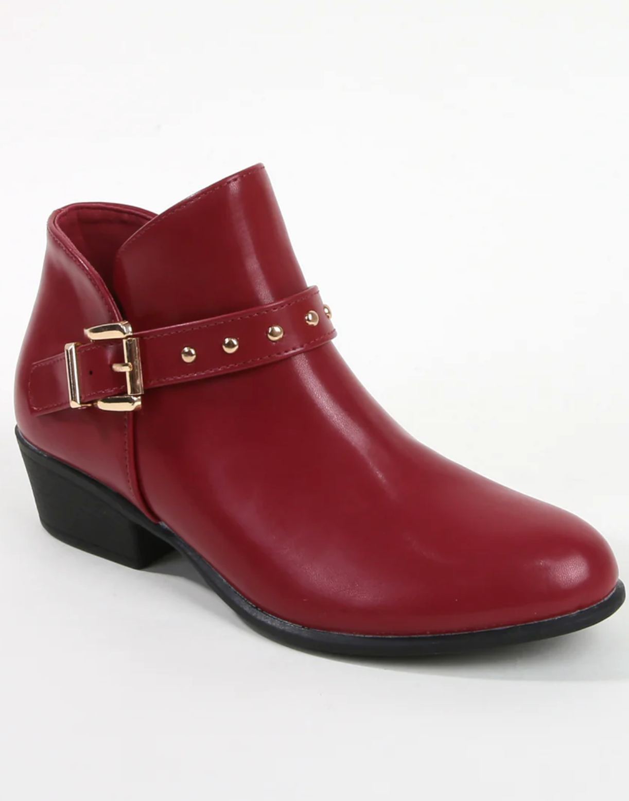 Women’s Ankle Boots with Buckle & Studded Strap – Low Heel Casual & Dressy Booties Burgundy / 8