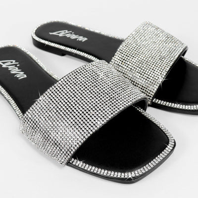 Women's Flat Sandals, Rhinestone Slip On Slides Kenna