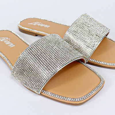 Women's Flat Sandals, Rhinestone Slip On Slides Kenna