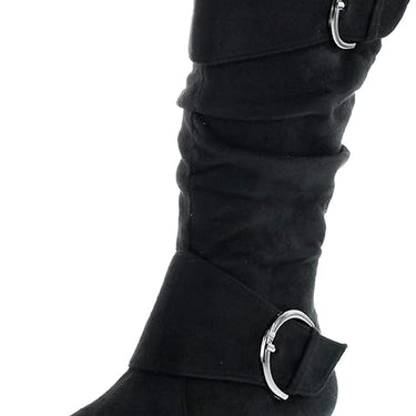 Women's Closed Round Toe Buckle Slouch Flat Heel Mid-Calf Boot