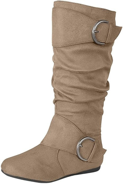 Women's Closed Round Toe Buckle Slouch Flat Heel Mid-Calf Boot Klein-70