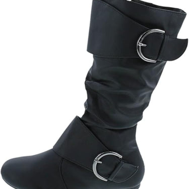 Closed Round Toe Buckle Slouch Flat Heel Mid-Calf Boot