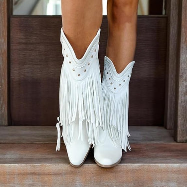 Women's Fringe Western Booties – Pull-On Cowboy Style Mid-Calf Boots