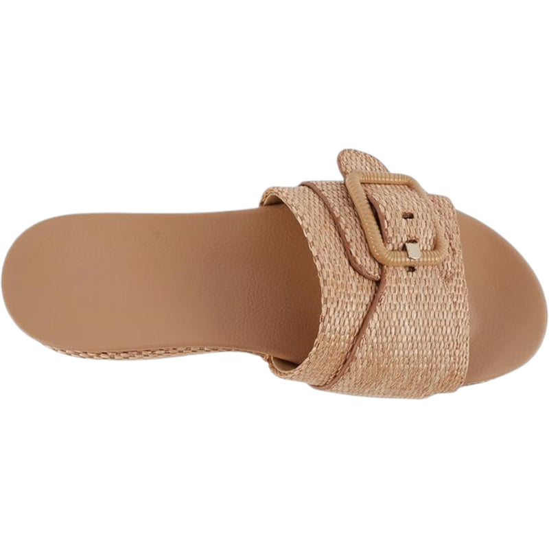 Open Round Toe Single Strap Slide Sandal with Buckle Detail