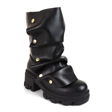 Women's Slouchy Mid-Calf Boots with Gold Button Accents and Chunky Lug Sole