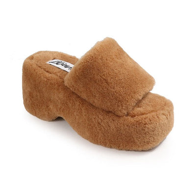 Brown Fur Platform Wedge Sandals