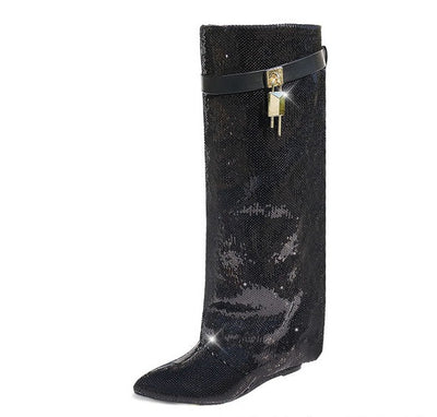 Liliana Mutto-1 Padlock Detail Wedge Knee High Boots