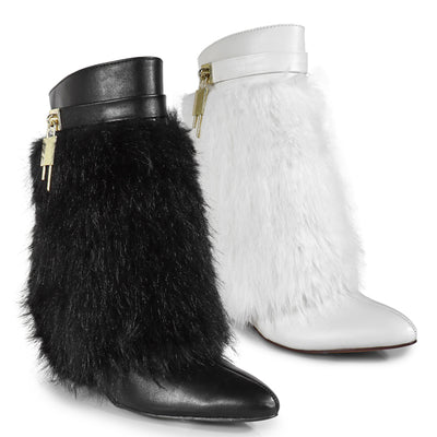 Furry Fuzzy Fold Over Wedge Ankle Boots