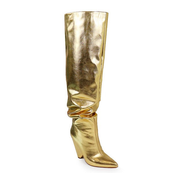 Metallic Pointed Toe Thigh High Boots Nano-2 Liliana