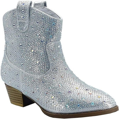 Forever River-01K Botas de vaquero con diamantes de imitación para niñas, botines de vestir de tacón bajo para niños
