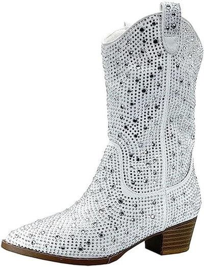 Forever Girls/Kids Rhinestone Western Cowgirl Cowboy Pointed Toe Low Heel Boots