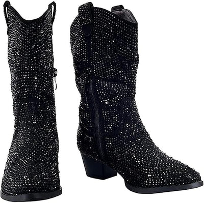 Forever Girls/Kids Rhinestone Western Cowgirl Cowboy Pointed Toe Low Heel Boots