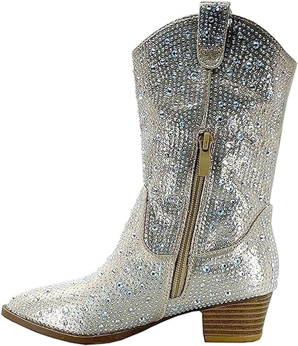 Forever Girls/Kids Rhinestone Western Cowgirl Cowboy Pointed Toe Low Heel Boots