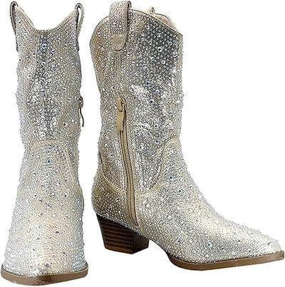 Forever Girls/Kids Rhinestone Western Cowgirl Cowboy Pointed Toe Low Heel Boots