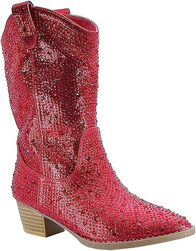 Forever Girls/Kids Rhinestone Western Cowgirl Cowboy Pointed Toe Low Heel Boots