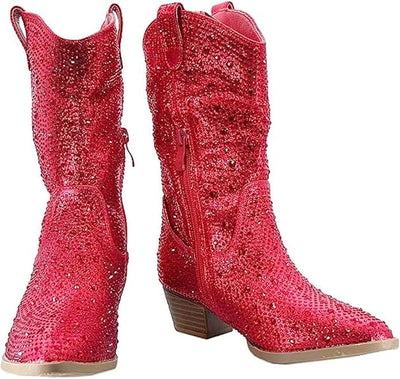 Forever Girls/Kids Rhinestone Western Cowgirl Cowboy Pointed Toe Low Heel Boots