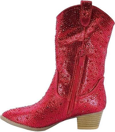 Forever Girls/Kids Rhinestone Western Cowgirl Cowboy Pointed Toe Low Heel Boots