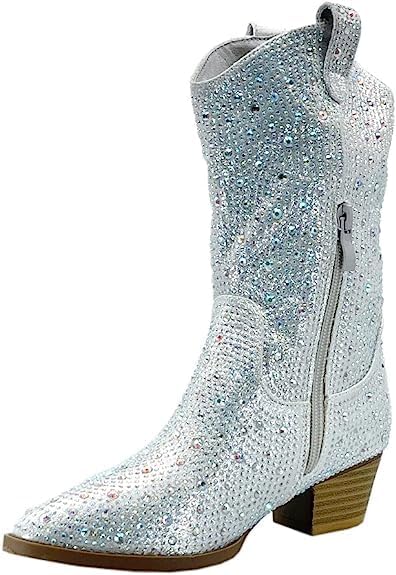 Forever Girls/Kids Rhinestone Western Cowgirl Cowboy Pointed Toe Low Heel Boots