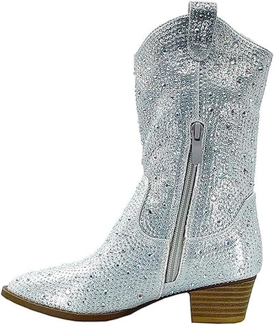 Forever Girls/Kids Rhinestone Western Cowgirl Cowboy Pointed Toe Low Heel Boots