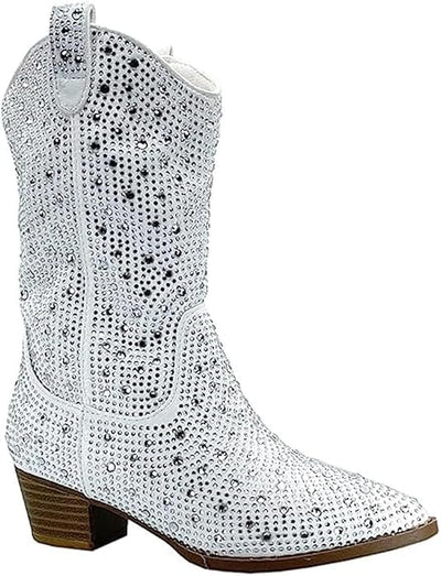 Forever Girls/Kids Rhinestone Western Cowgirl Cowboy Pointed Toe Low Heel Boots