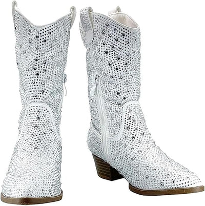 Forever Girls/Kids Rhinestone Western Cowgirl Cowboy Pointed Toe Low Heel Boots