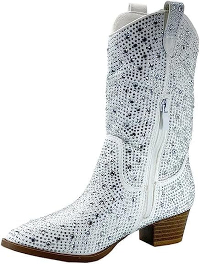 Forever Girls/Kids Rhinestone Western Cowgirl Cowboy Pointed Toe Low Heel Boots