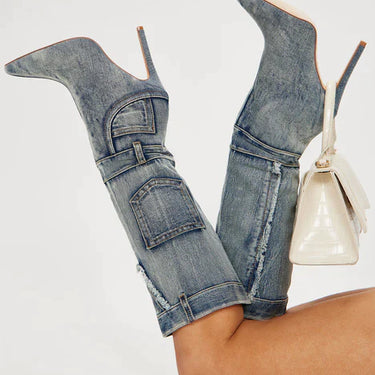 Denim Mid Calf Pointed Toe Boots Scandalous-15 Liliana