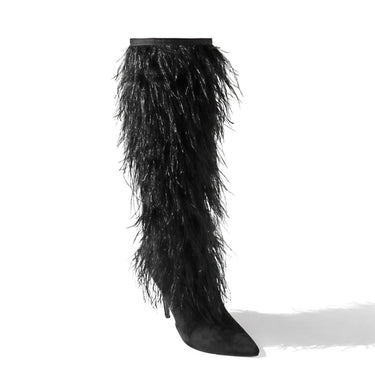 Stiletto Thigh High Boots Ostrich Feather