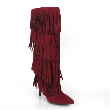 Layered Fringe Knee-High Heeled Western Suede Pointed Toe Stiletto Boots for Women