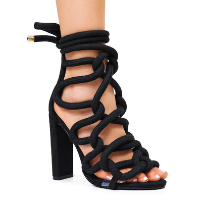 Chunky Rope Lace Up High Heel Sandals